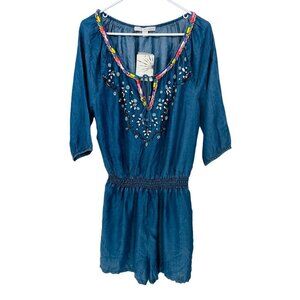 NEW Boston‎ Proper Size M Emb Chambray Romper Blue Embellished Bead Sequin NWT
